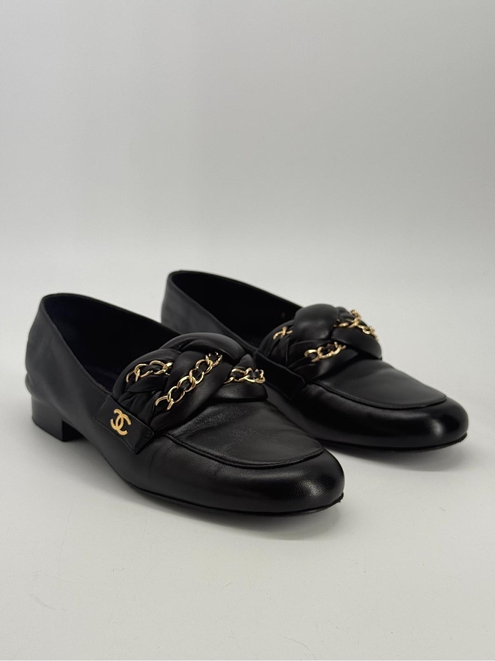 Chanel Loafers Black Leather Moccasins Size EUR 36